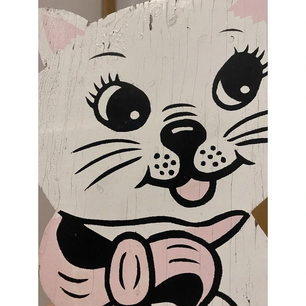 Hand painted Vintage Wooden Garden Stake White Cat With Mouse